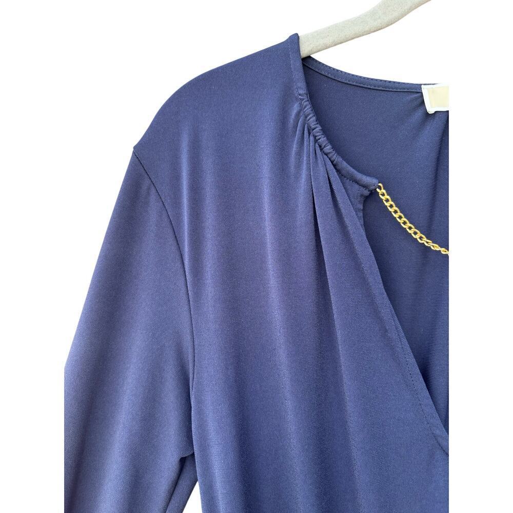 Michael Kors XS Navy Blue Long Sleeve Mini Dress Gold Chain Belted Ruffle - Picture 5 of 14